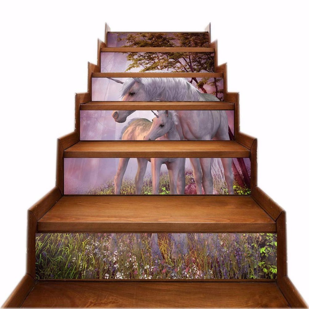 A.Monamour Self-Adhesive Stair Stickers, 3D Fantasy Unicorn Family in Purple Forest, Waterproof Vinyl, 6 Pieces