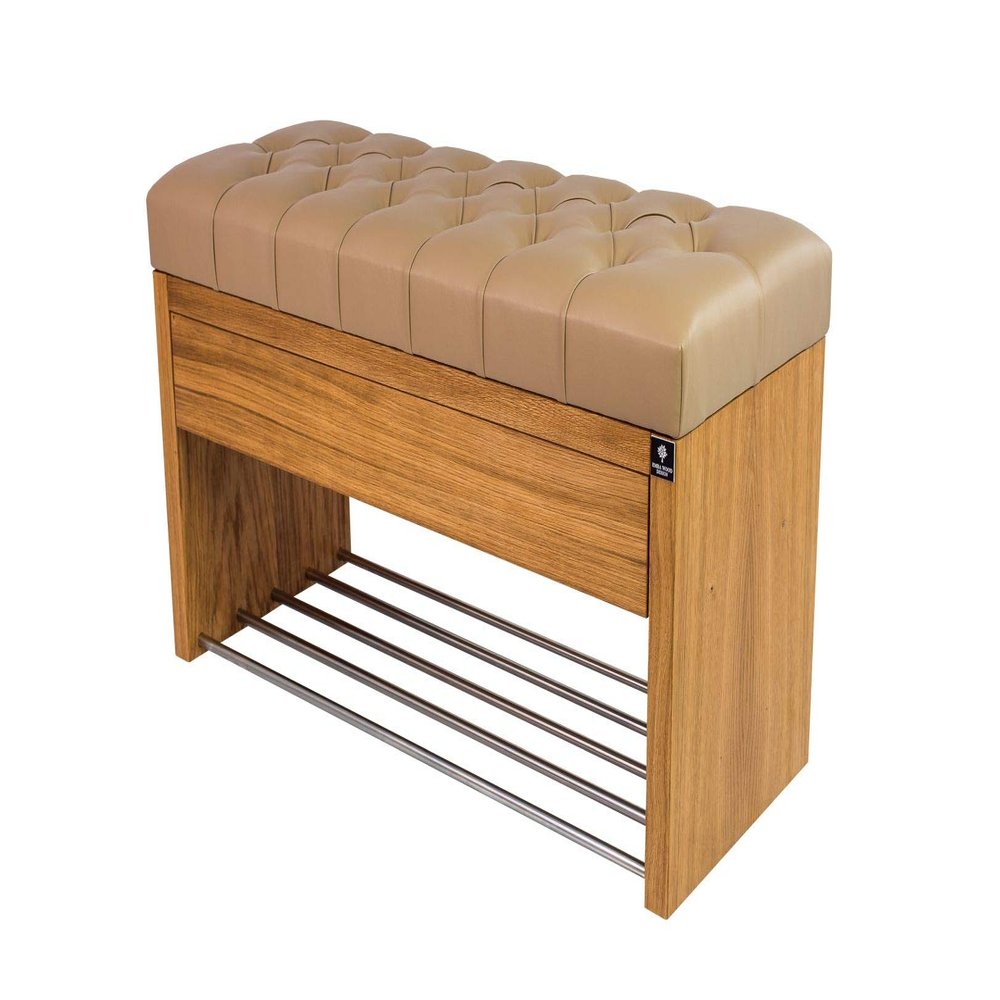 EMRA WOOD LPS-3 Bench with Drawer, Quilted Beige Faux Leather, Oak-Finish Wood, Custom-Made (100 × 55 × 40 cm)