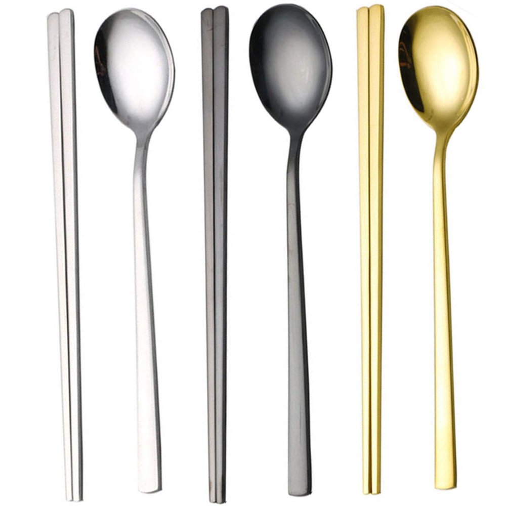 Korean Stainless Steel Chopsticks and Spoon Set, Long Handle, Flat Square Chopsticks and Spoons, Silver, Gold and Black, 3-Piece