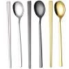 Korean Stainless Steel Chopsticks and Spoon Set, Long Handle, Flat Square Chopsticks and Spoons, Silver, Gold and Black, 3-Piece view 1