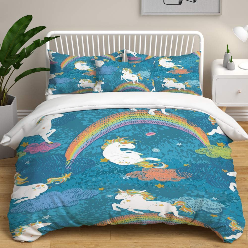 EU-VV Girls' Bedding, 3-Piece Soft-Print Unicorn Duvet Cover Set, Style 03, Double (200 x 200 cm)