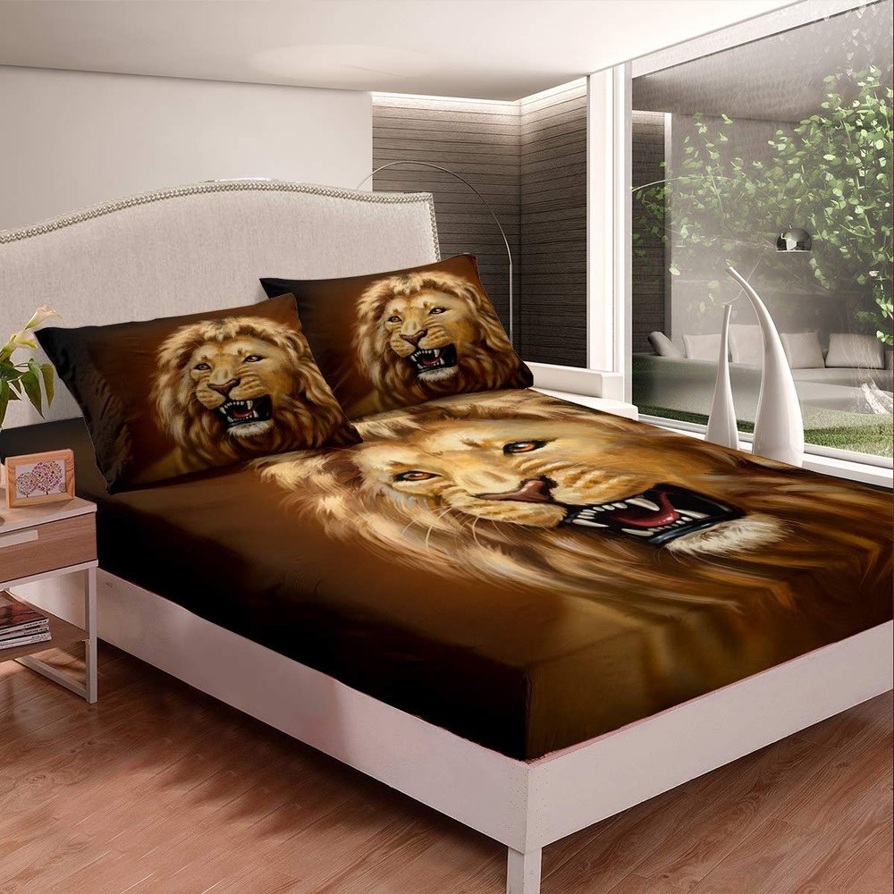 Loussiesd Lion Wild Animal Print Fitted Sheet Set, Brown Microfiber