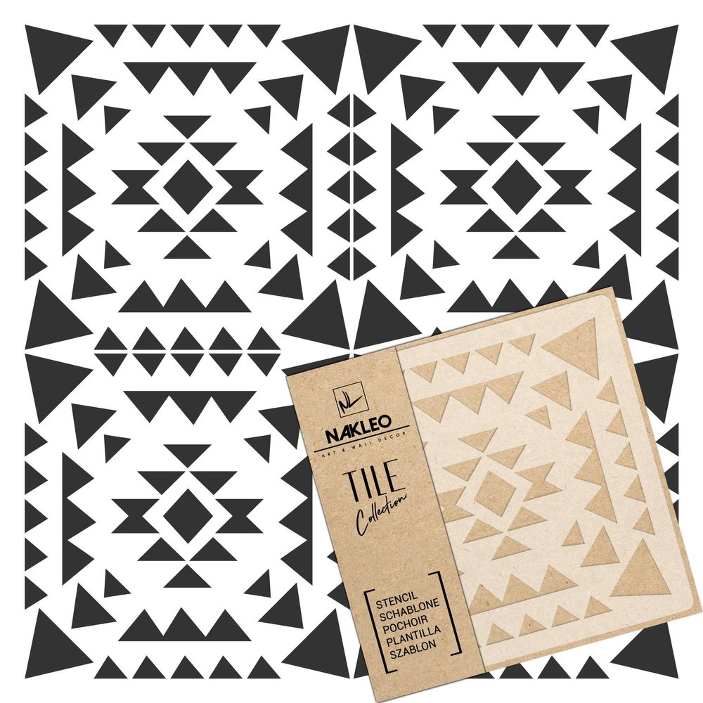 NAKLEO Tile Painting Stencil 33 x 33 cm, Azteca Ethnic Triangle Geometric, Reusable Plastic Floor Stencil for DIY Wood, Furniture and Wall Decor - Terracotta