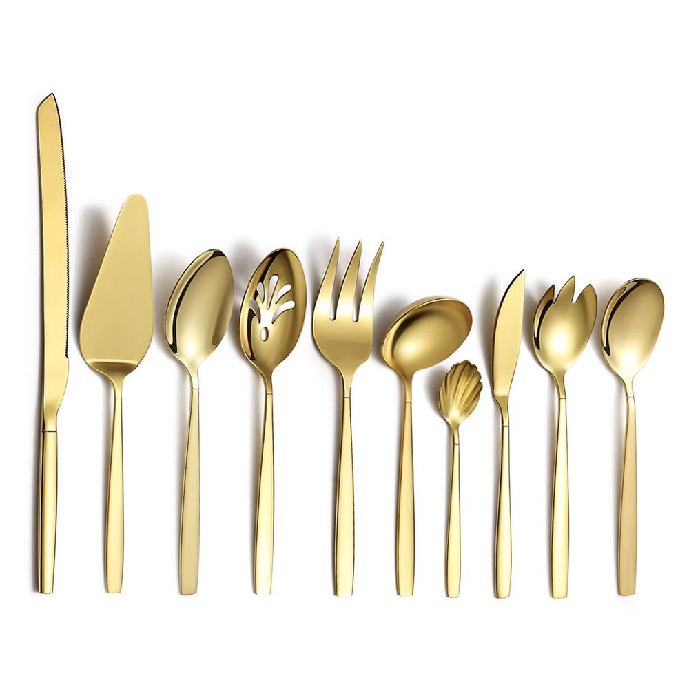 Berglander Gold Serving Utensil Set, 10-Piece Stainless Steel Set with Gold-Titanium Coating