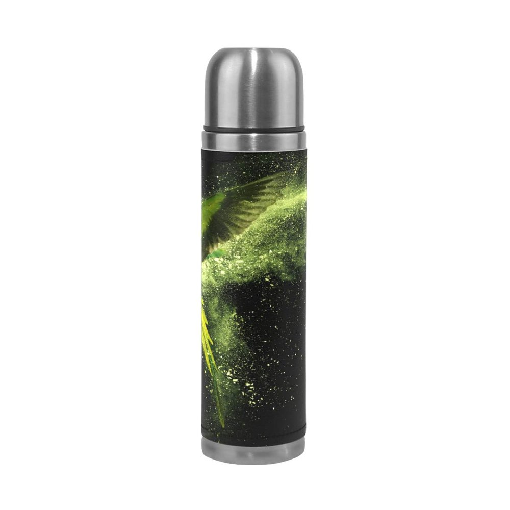BKEOY Vacuum-Insulated Travel Mug, Stainless Steel, Leakproof, 500 ml, Flying Green Parrot
