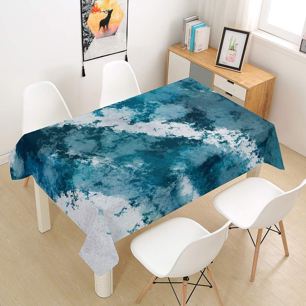 FANSU Waterproof Rectangular Tablecloth, Washable 3D Abstract Watercolor, Teal, 140 x 240 cm