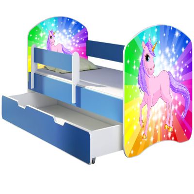 ACMA Kids' Bed 160 x 80 cm Blue with Bed Drawer, Mattress & Slatted Base, Fall Protection, Personalized Design 18 Pony Rainbow, up to 120 kg