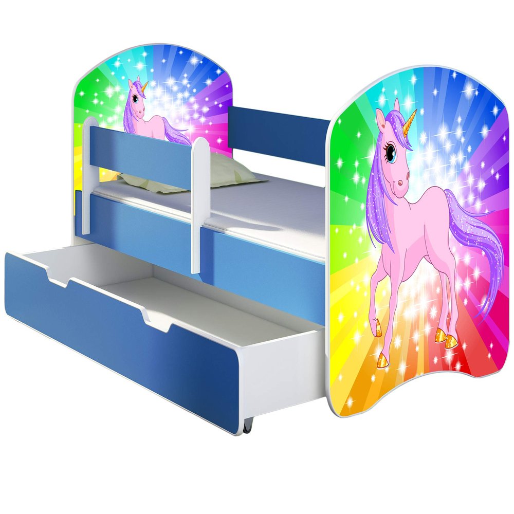 ACMA Kids' Bed 160 x 80 cm Blue with Bed Drawer, Mattress & Slatted Base, Fall Protection, Personalized Design 18 Pony Rainbow, up to 120 kg