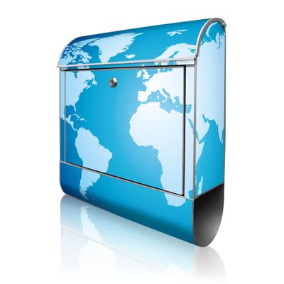 banjado Personalized Design Wall-Mounted Mailbox, 38.5 × 46.5 × 13 cm, White Steel, World Map, 2 Keys