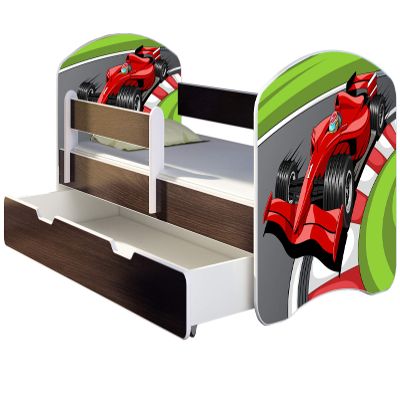 ACMA Kids' Bed 180 x 80 cm with Drawer and Mattress, Wenge, Bed Guard, Slatted Base, Formula 1 Design 06
