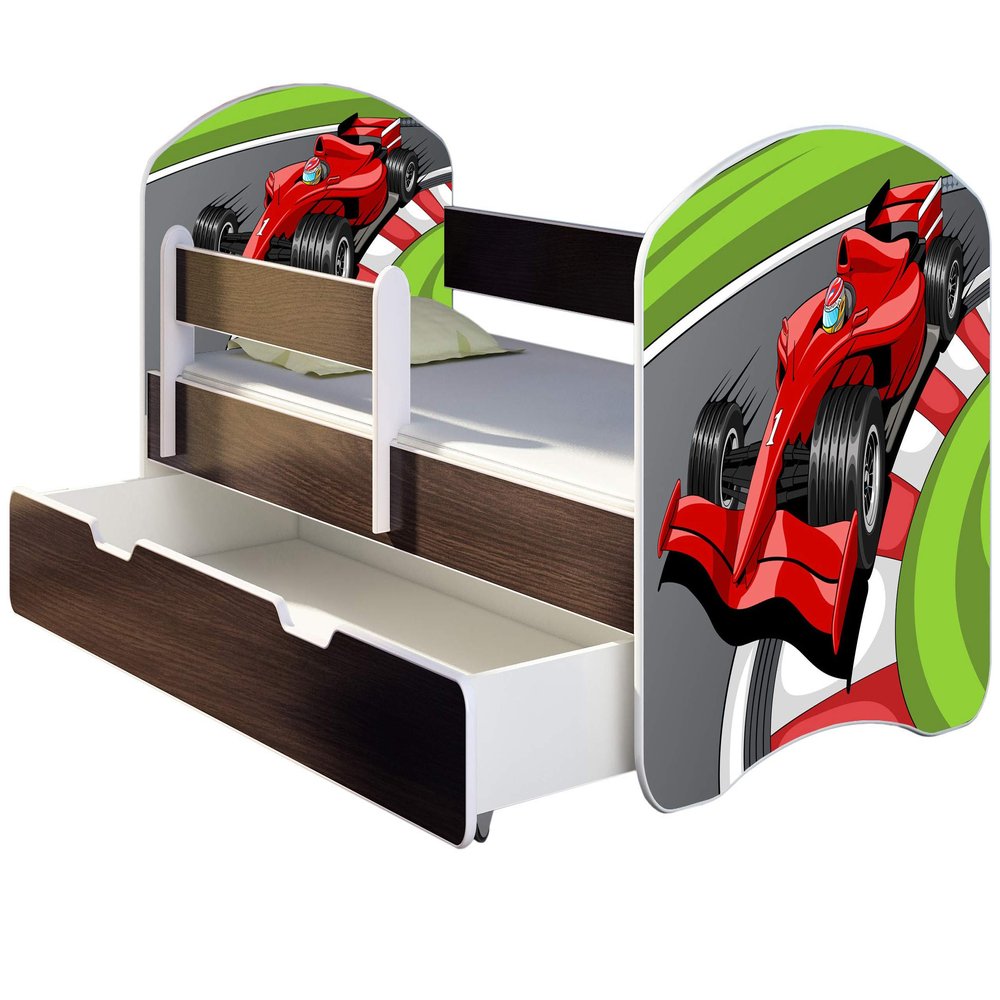 ACMA Kids' Bed 180 x 80 cm with Drawer and Mattress, Wenge, Bed Guard, Slatted Base, Formula 1 Design 06