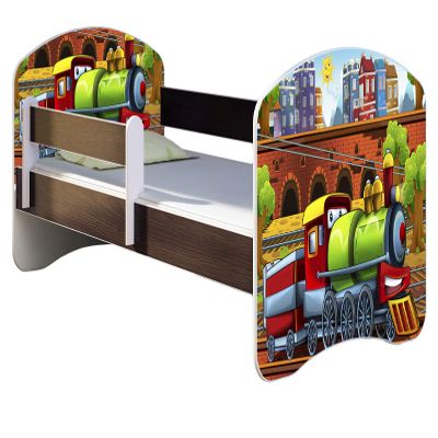 ACMA Children's Bed 140 x 70 cm with Mattress, Wenge, Guard Rail, Slatted Base II, Locomotive 44