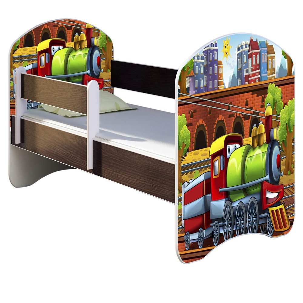 ACMA Children's Bed 140 x 70 cm with Mattress, Wenge, Guard Rail, Slatted Base II, Locomotive 44