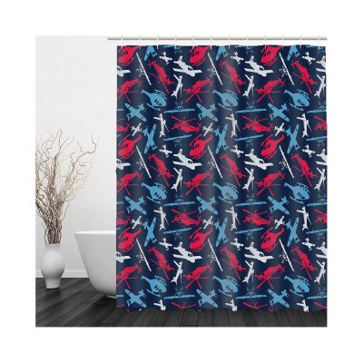 AMDXD Shower Curtain 165 x 180 cm, Helicopter and Airplane Design, Polyester Fabric with 12 Rings, White Blue Red