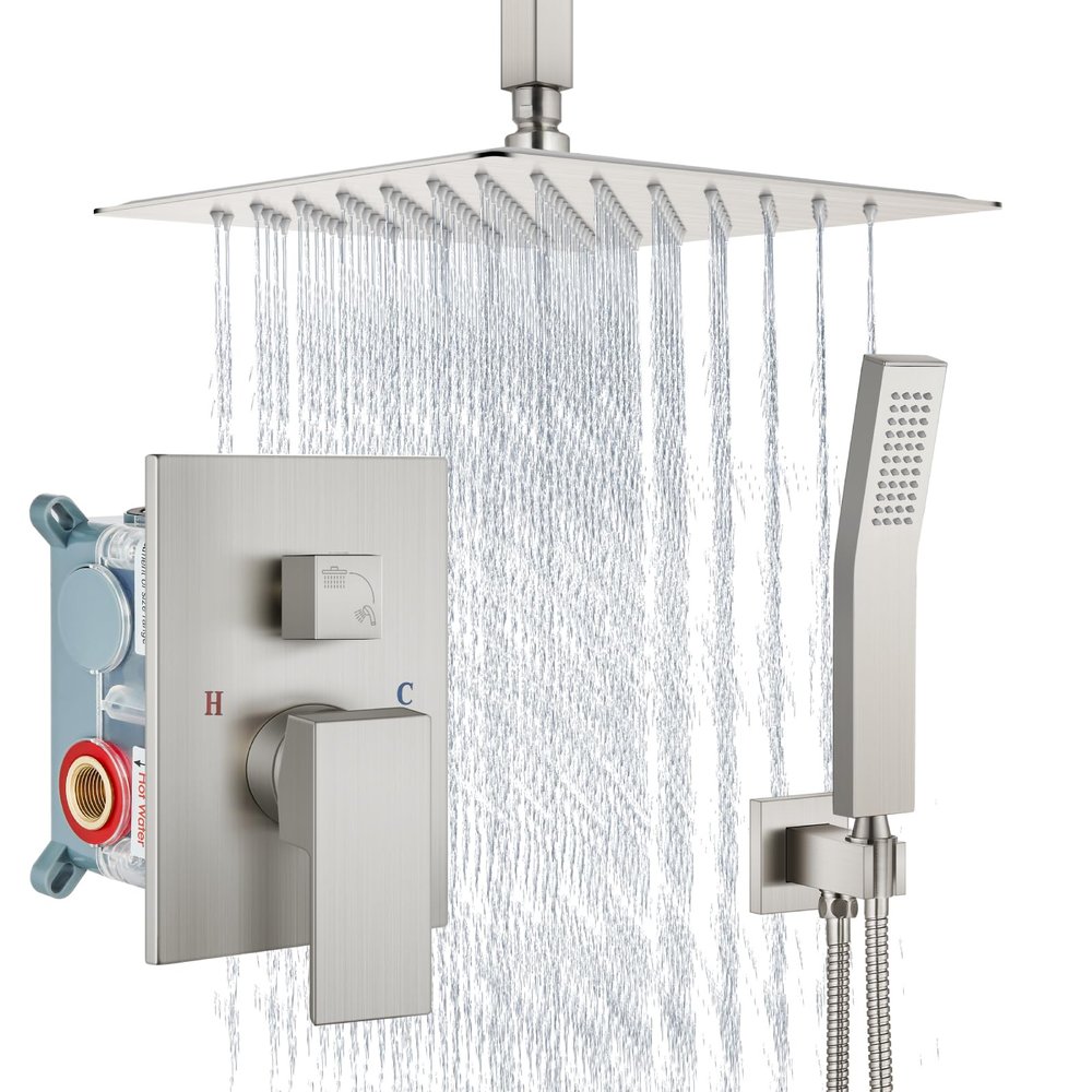 Aolemi Ceiling-Mount Shower Faucet with Hand Shower, 10-Inch Head, Brushed