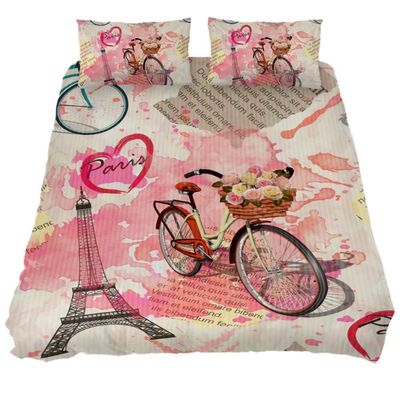 Vintage Newspaper Bedding Set with Eiffel Tower and Romantic Bicycle, Soft, 3-Piece, Multicolor, 150 x 200 cm, Extra Long Twin 71 x 83 in, 19 x 29 in