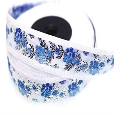 10 m Woven Jacquard Trim, Blue-Silver Flowers, 25 mm