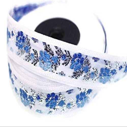 10 m Woven Jacquard Trim, Blue-Silver Flowers, 25 mm
