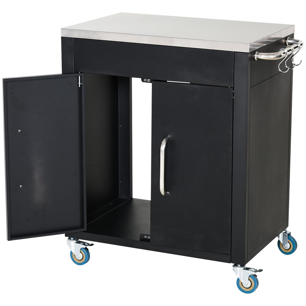 HOMCOM Kitchen Cart with Wheels, Cabinet and Hooks, 86 x 50 x 86.5 cm, Black