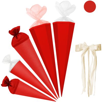 Red Schultüte Blank, 70 cm, Round, with Wooden Tip and Bow