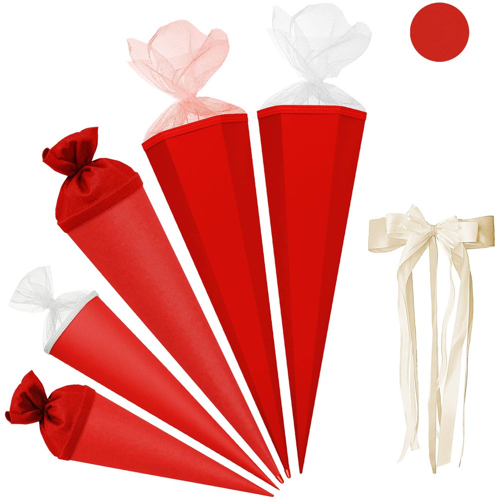 Red Schultüte Blank, 70 cm, Round, with Wooden Tip and Bow