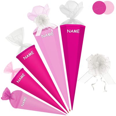 School Cone Blank, Bright Pink, 35 cm, Round, with Name and Bow