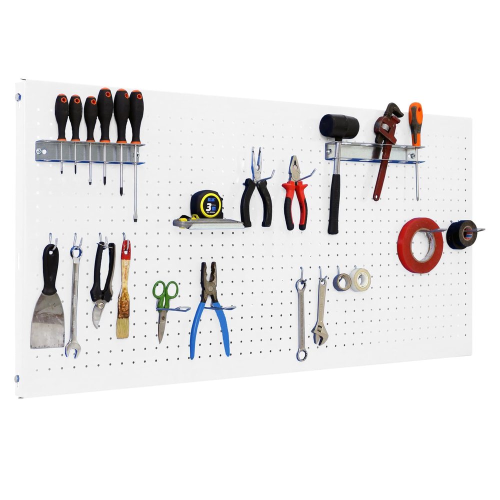 SimonRack Tool Wall, 17-Piece Hook Set, 150 x 60 x 3.5 cm, Metal Pegboard, Holders, Mounting Hardware, White - Simonwork