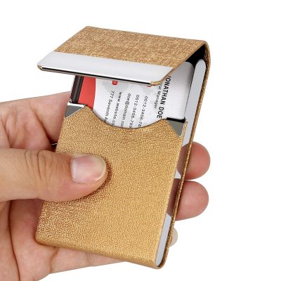 JuneLsy Business Card Holder, Professional PU Leather Metal Case, Magnetic Closure, Gold-JG5