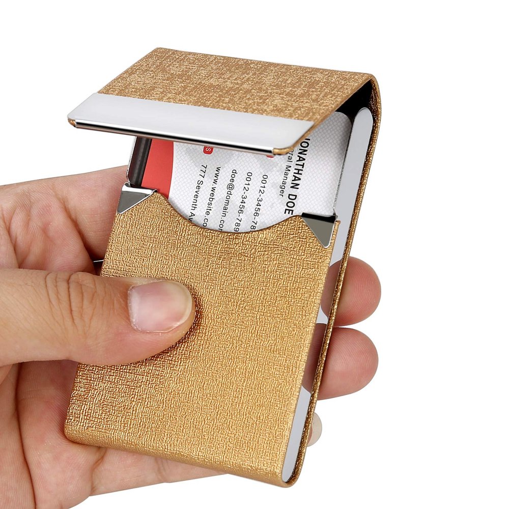 JuneLsy Business Card Holder, Professional PU Leather Metal Case, Magnetic Closure, Gold-JG5