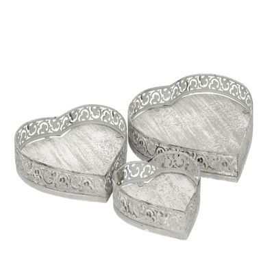 ETC Decorative Heart-Shaped Tray in Wood and Metal, Shabby Light Gray, Vintage Country Style