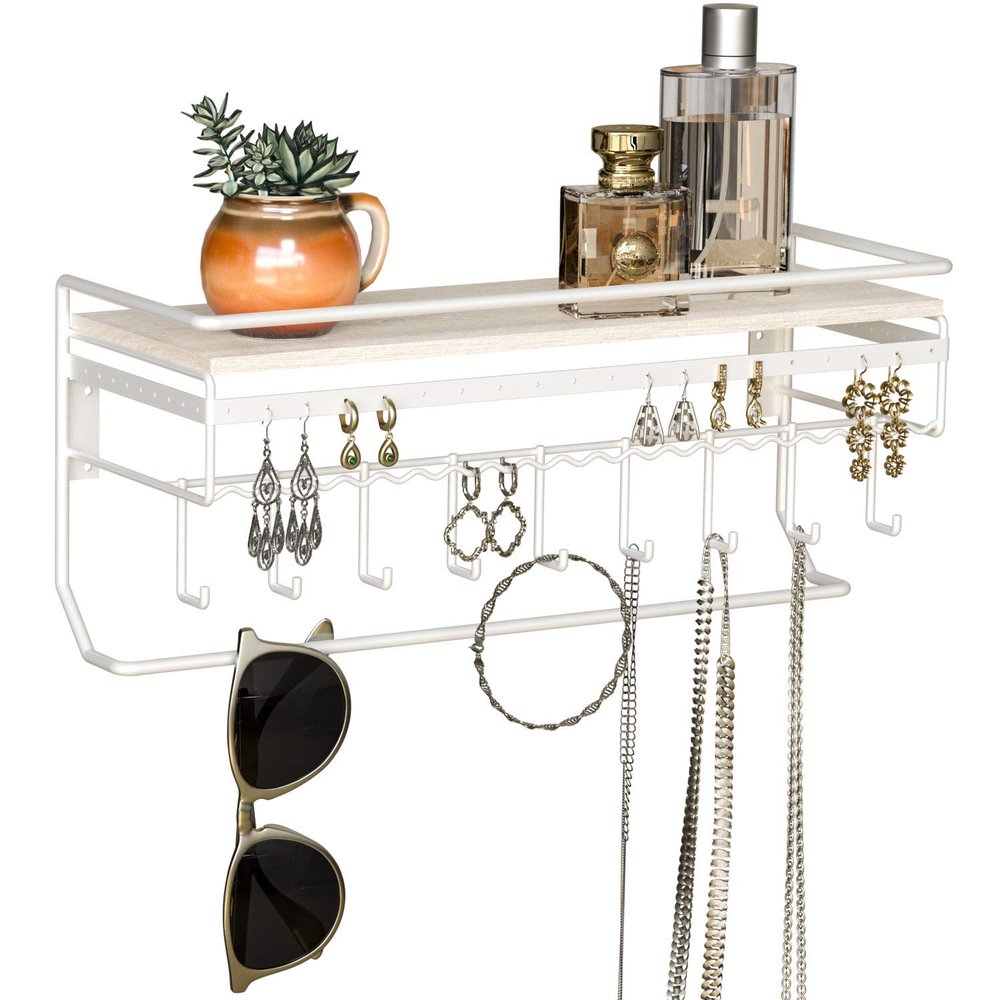 J JACKCUBE DESIGN MK237D Hanging Jewelry Organizer with 9 Hooks and Wood Shelf