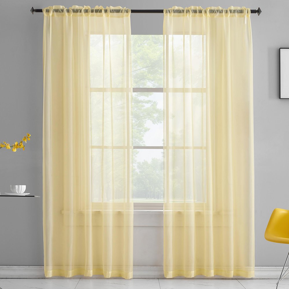 TOAVA DECO Light Yellow Sheer Voile Curtains, 213 cm Long, Rod-Pocket Panels