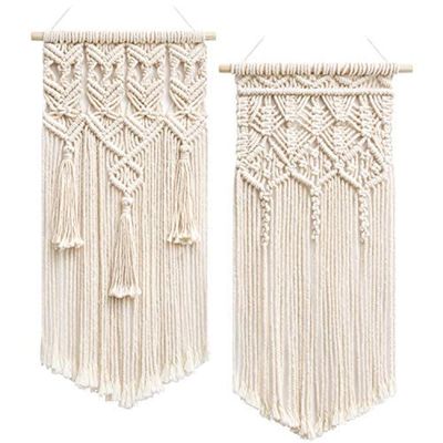 Mkouo 2-Piece Macramé Wall Hanging Set, Boho Woven Wall Decor, Ivory
