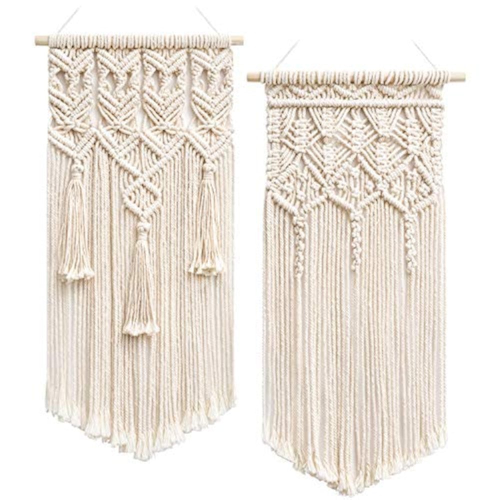 Mkouo 2-Piece Macramé Wall Hanging Set, Boho Woven Wall Decor, Ivory