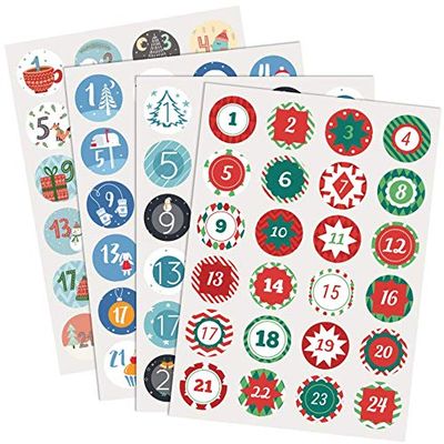 Naler 4 x 24 Advent Calendar Number Stickers 1–24, Round Christmas Stickers for Crafts and Decorating, 4 cm