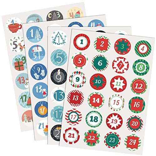 Naler 4 x 24 Advent Calendar Number Stickers 1–24, Round Christmas Stickers for Crafts and Decorating, 4 cm