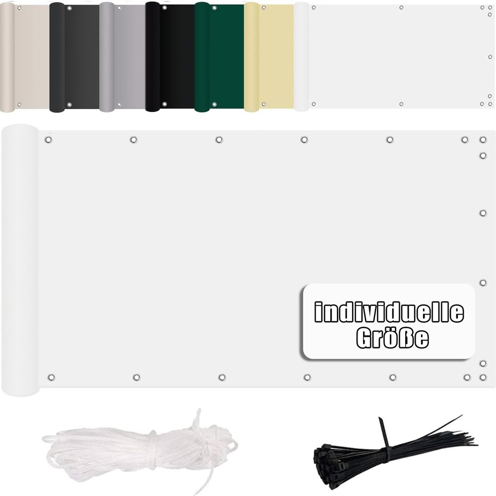 MENGH Privacy Screen 145 x 600 cm, Balcony Wind and UV Protection, with Eyelets, Nylon Cable Ties and Cord, White