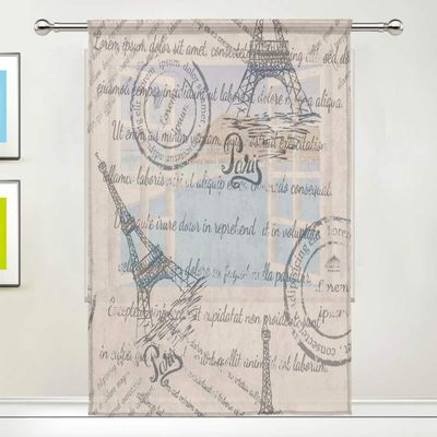 N E RXYY Beige Sheer Voile Curtain with Eiffel Tower Paris Pattern, 139.7 x 213.4 cm