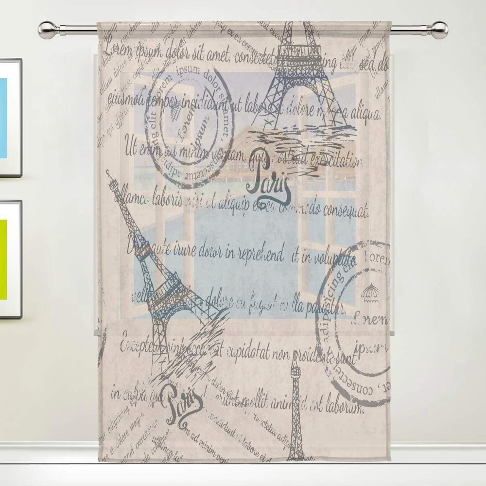 N E RXYY Beige Sheer Voile Curtain with Eiffel Tower Paris Pattern, 139.7 x 213.4 cm