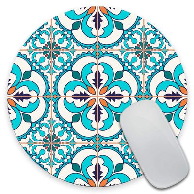 Amcove Mouse Pad, Portuguese Tile Print, Moroccan Tile Pattern, Round Desk Accessory