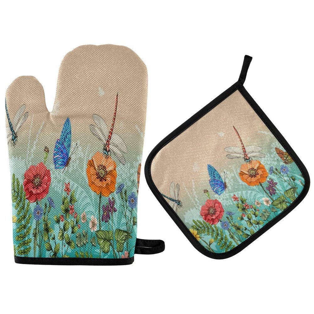 Spring/Summer Bird Butterfly Dragonfly Flower Quilted Oven Mitts and Potholders