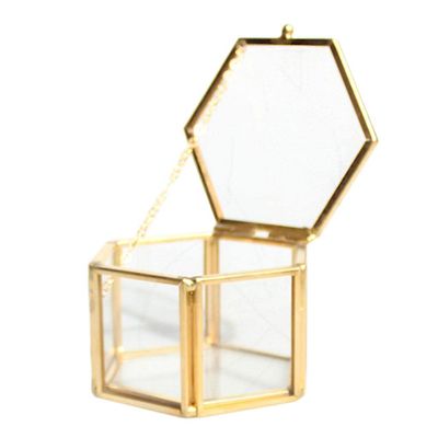 Harilla Hexagonal Glass Geometric Terrarium Jewelry Box for Weddings and Engagements, Gold, 8 x 6.8 x 4.5 cm