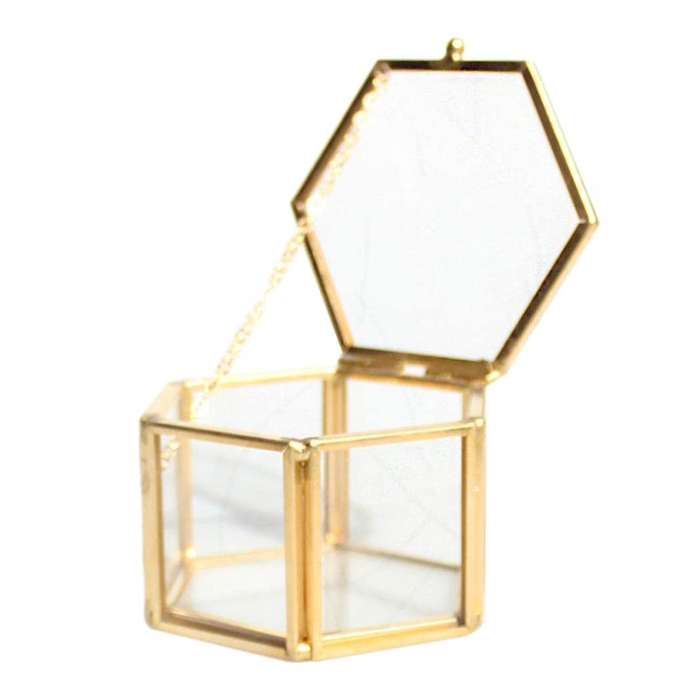 Harilla Hexagonal Glass Geometric Terrarium Jewelry Box for Weddings and Engagements, Gold, 8 x 6.8 x 4.5 cm