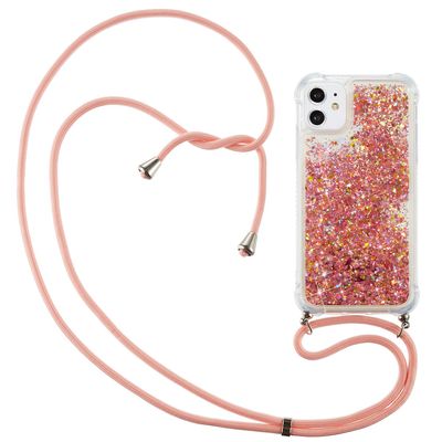 CaseLover Crossbody Phone Case for iPhone 12, Rose Gold Glitter Liquid Quicksand Silicone Case with Lanyard