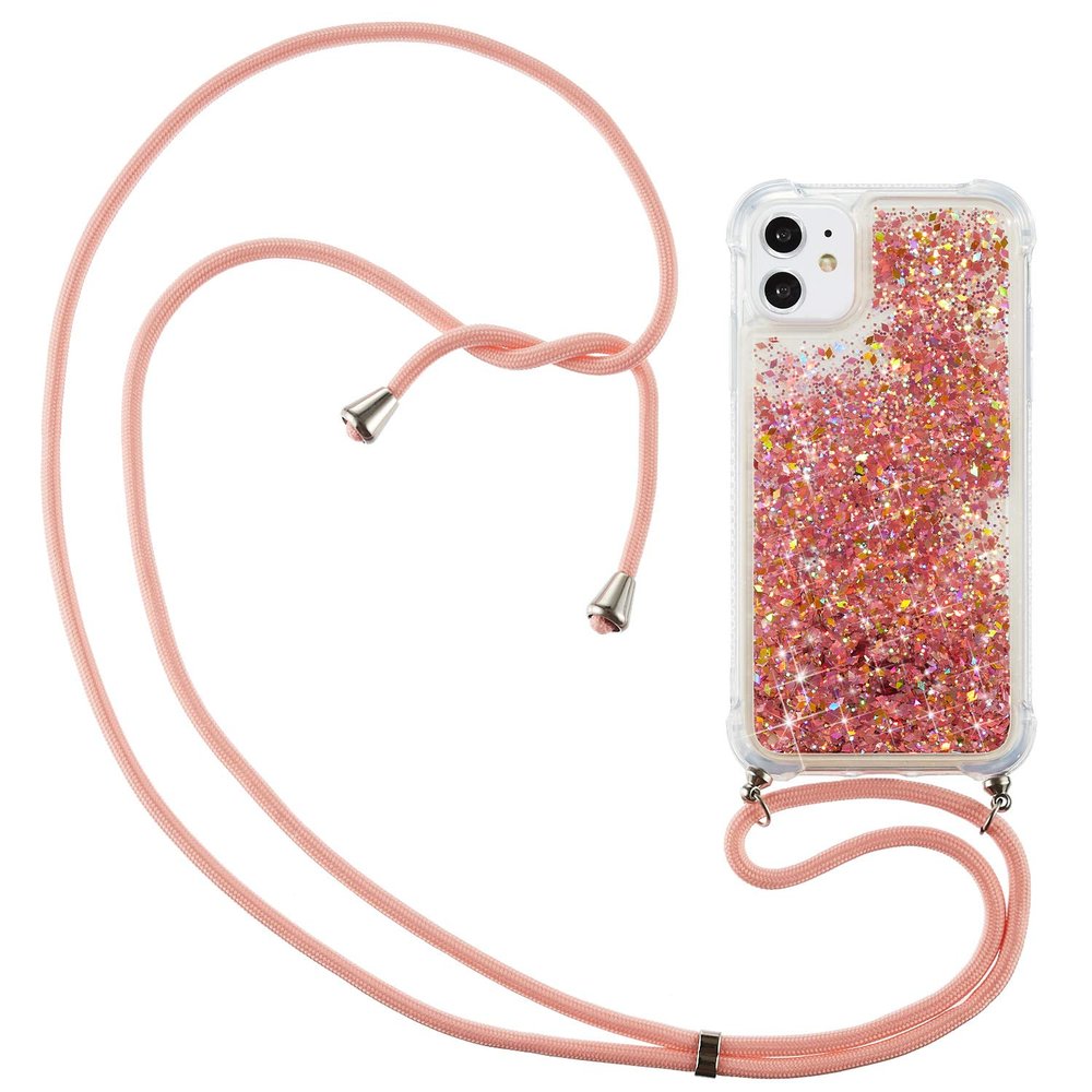 CaseLover Crossbody Phone Case for iPhone 12, Rose Gold Glitter Liquid Quicksand Silicone Case with Lanyard
