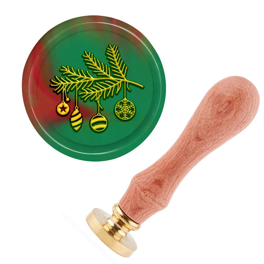 craspire Christmas Wax Seal Stamp, Pine Cone Branch with Bell, 25 mm, Removable Brass Head, Wooden Handle
