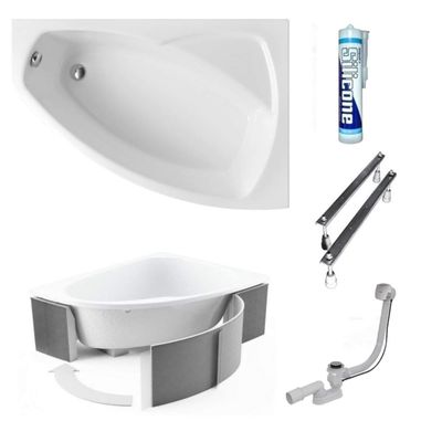 ECOLAM Frida Polimat Acrylic Corner Bathtub, White, 140 x 90 cm, Right + Carrier, Waste Set, Feet & Silicone