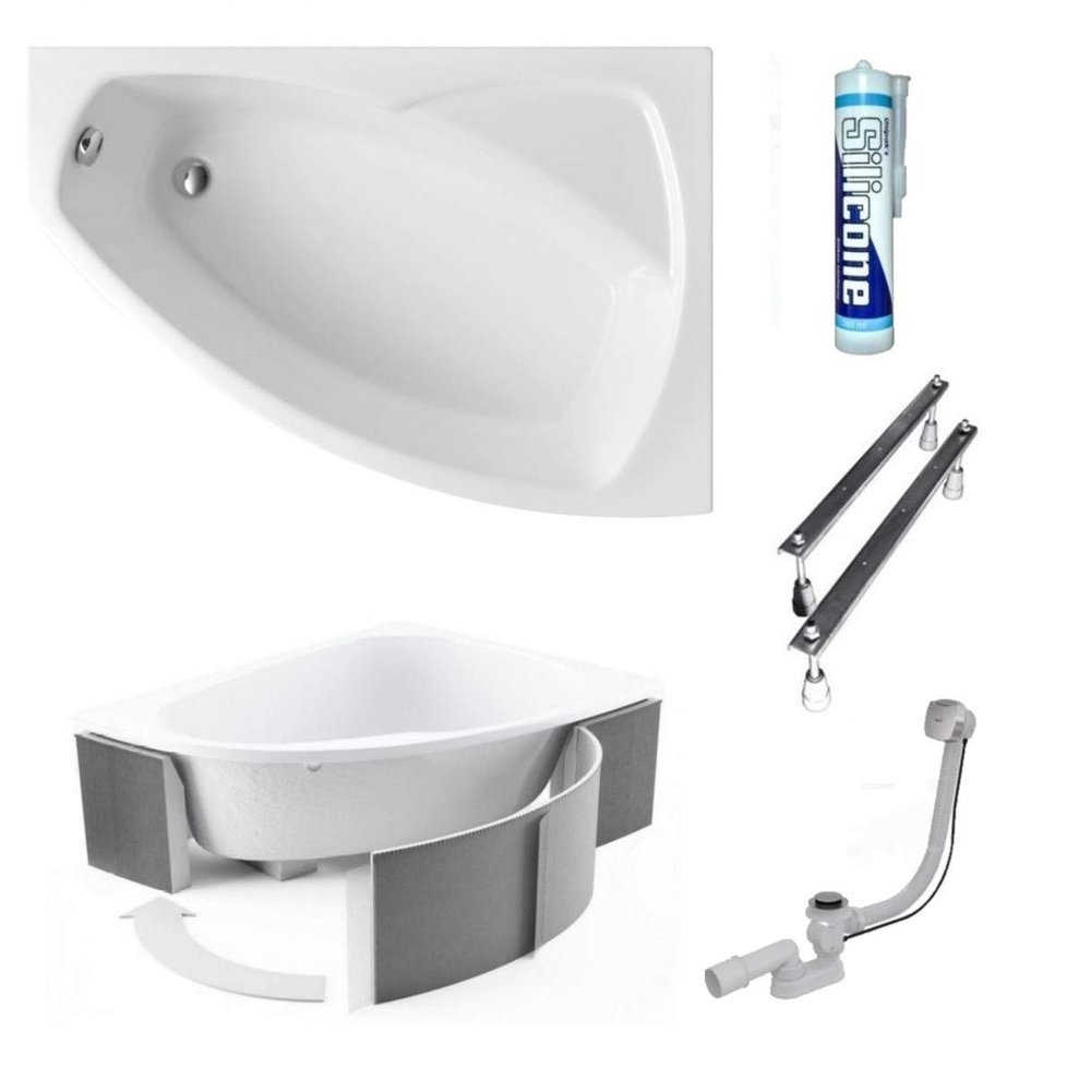 ECOLAM Frida Polimat Acrylic Corner Bathtub, White, 140 x 90 cm, Right + Carrier, Waste Set, Feet & Silicone