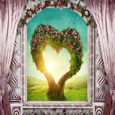 Premium Photo Wallpaper – Castle Window View of Heart Tree, Self-Adhesive Nonwoven, 400 x 300 cm