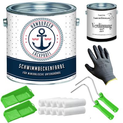 Swimming Pool Paint, Satin-Finish, Telegrau 4 (RAL 7047), Gray, for Concrete, with Paint Kit (X300) and Thinner (1 L) — Hamburger Lack-Profi (10 L)